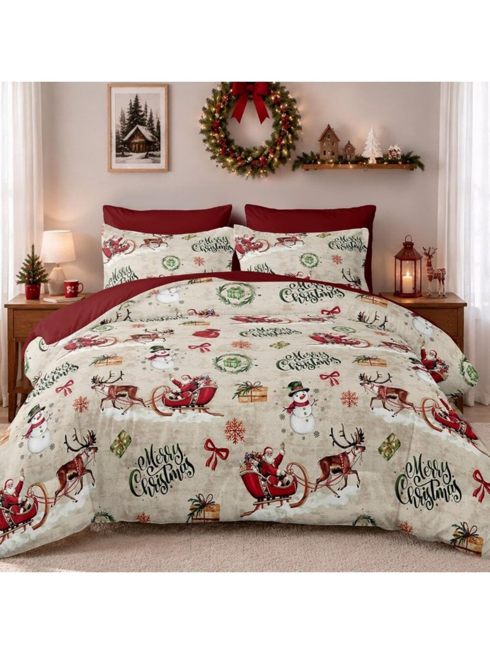 Cozy Christmas Queen Comforter Set, 7-Piece Santa & Reindeer Bedding Decor
